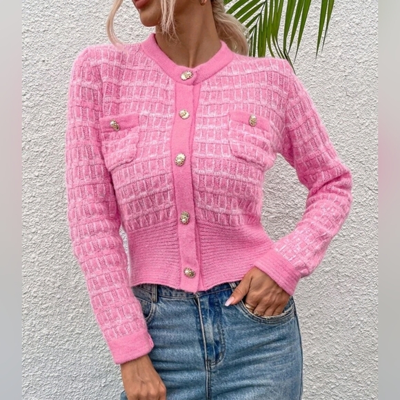 New Chic Tweed Knit Button Up Crop Cardigan Sweater Top Jacket Barbie Pink White - Picture 2 of 7